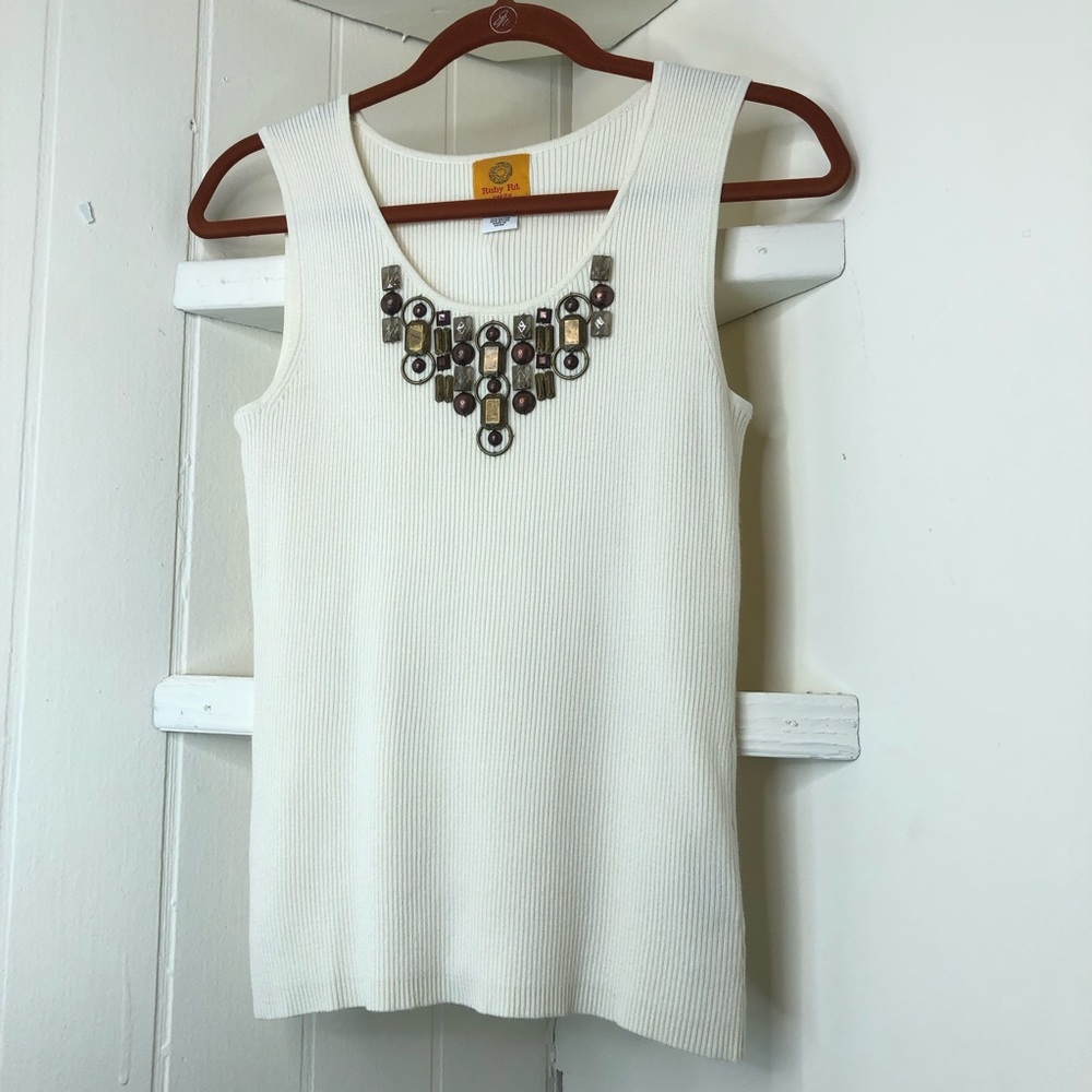 Ruby Rd Petite Cream Ribbed Tank Top Bronze Jewels